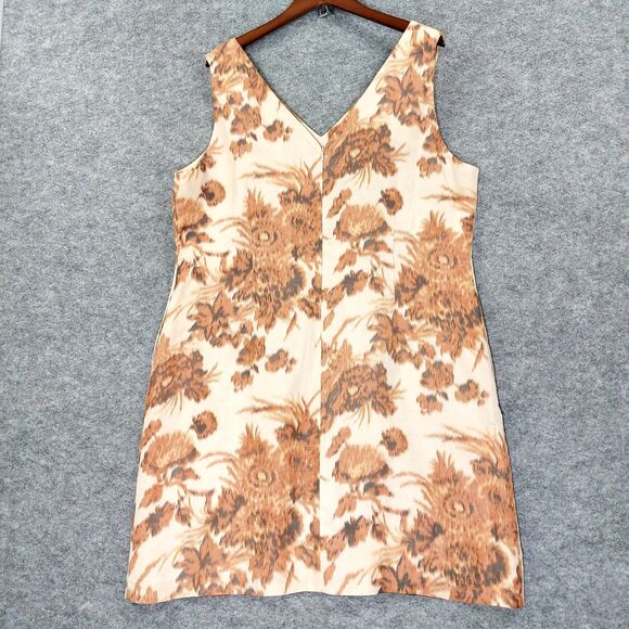 Talbots Dress Womens 20 Brown Beige Floral V Neck Sleeveless Linen Silk Pockets - Picture 2 of 13